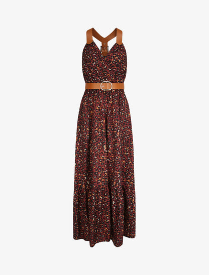 Robe longue coupe patineuse imprimé léopard à bretelles en simili - Bordeaux - 5