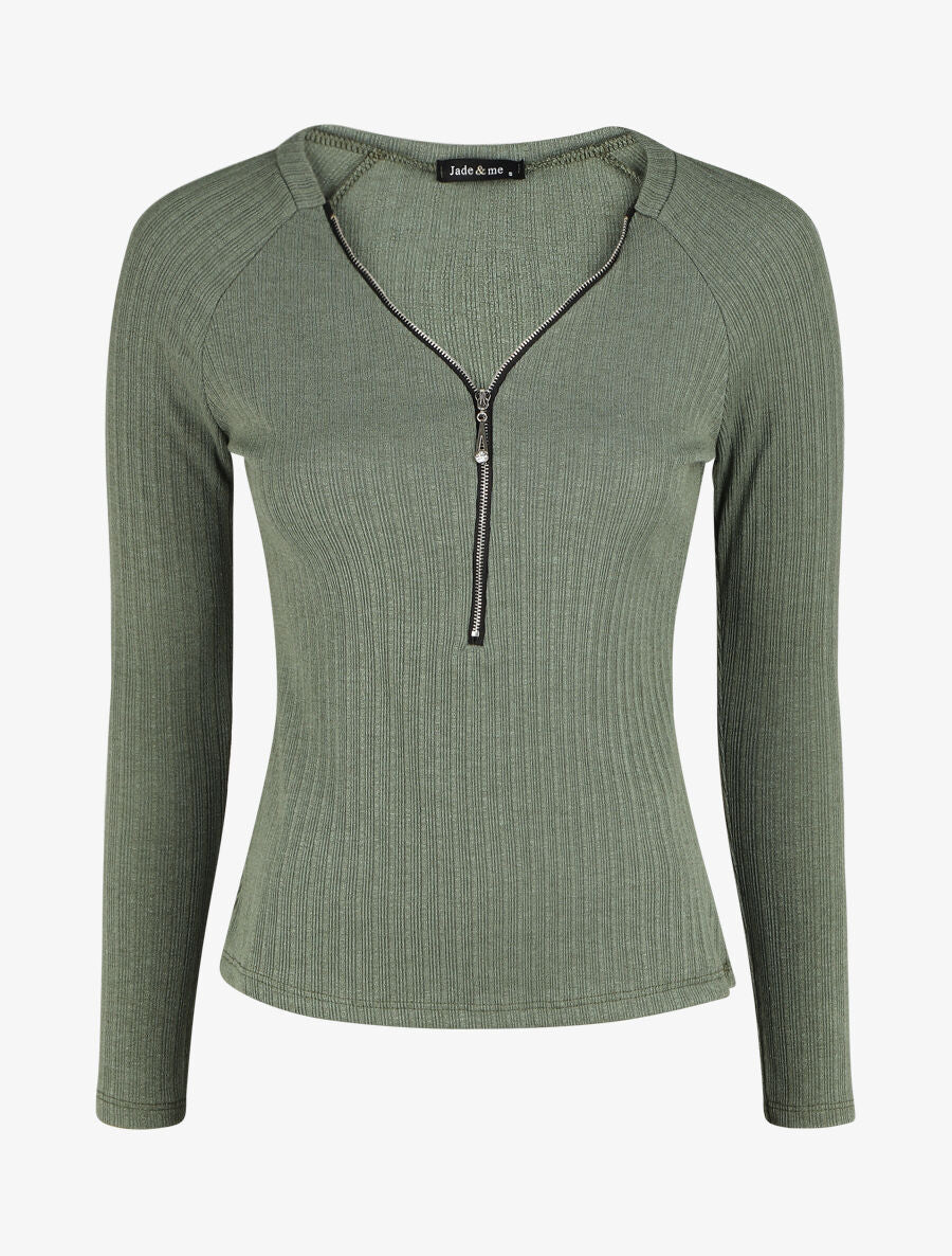 Pull fin droit et côtelé col zippé - Kaki - 4