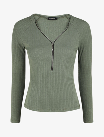 Pull fin droit et côtelé col zippé - Kaki - 4