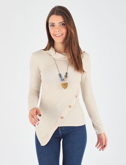 Pull fin asymétrique à col roulé - Beige - 4