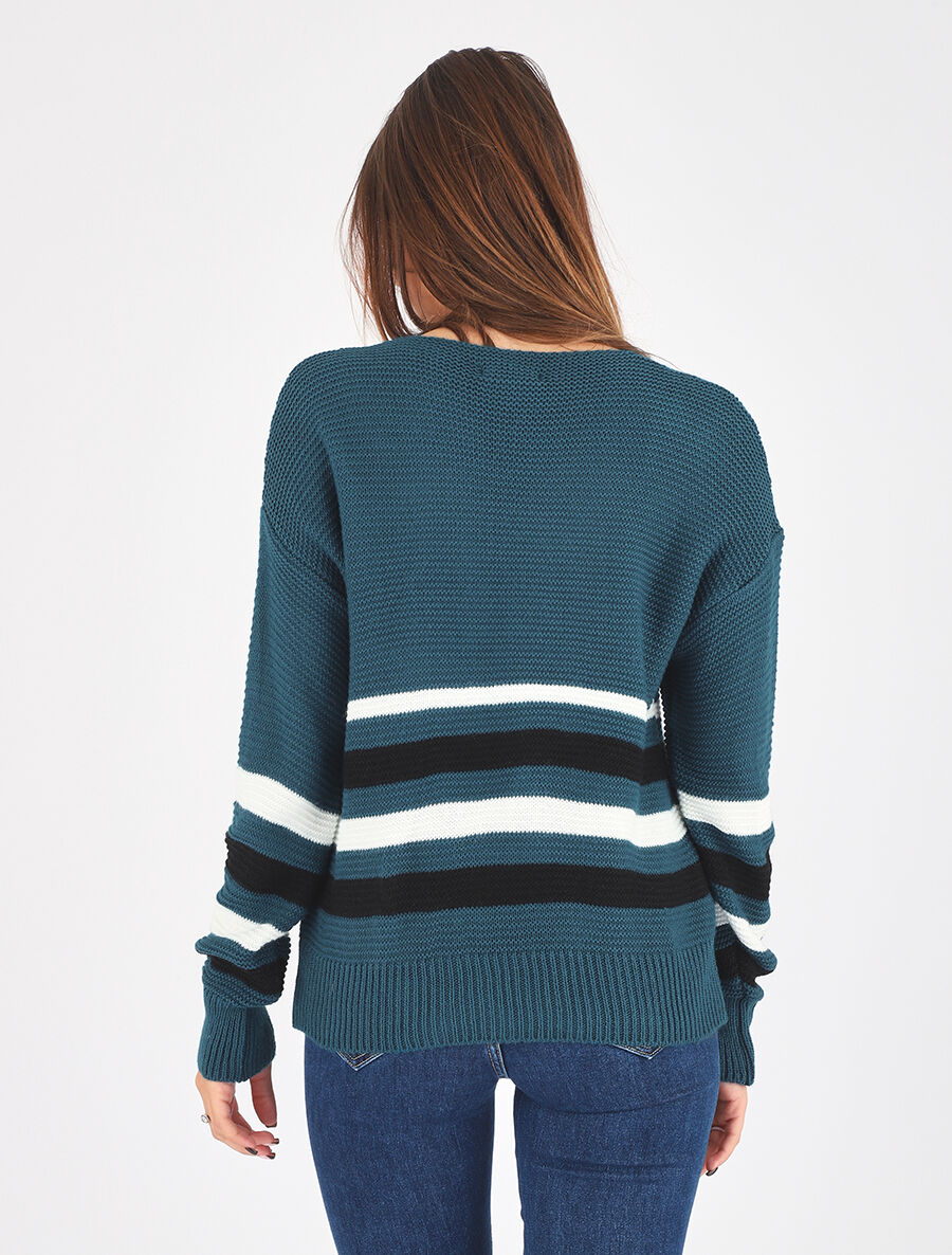 Pull droit rayé - Bleu canard - 5