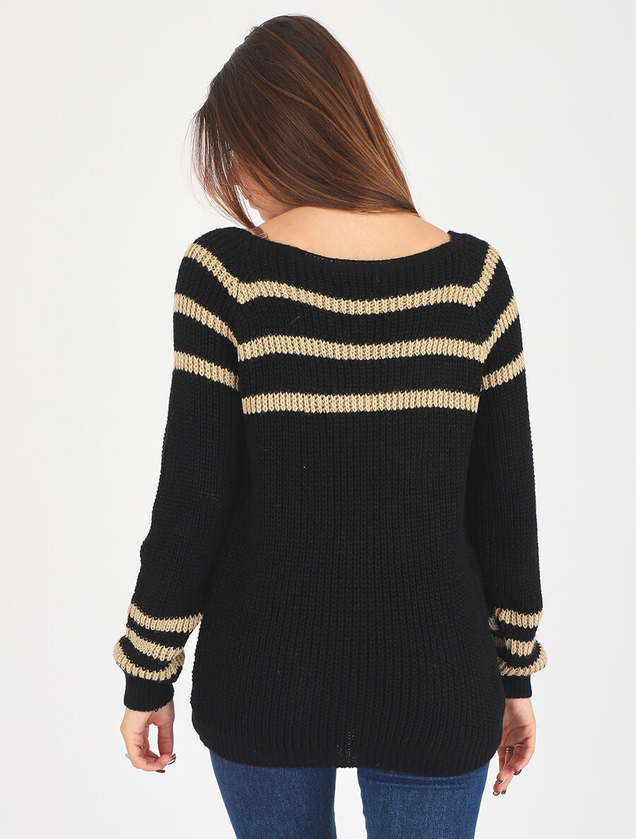 Pull en maille à col bateau - Noir - 5