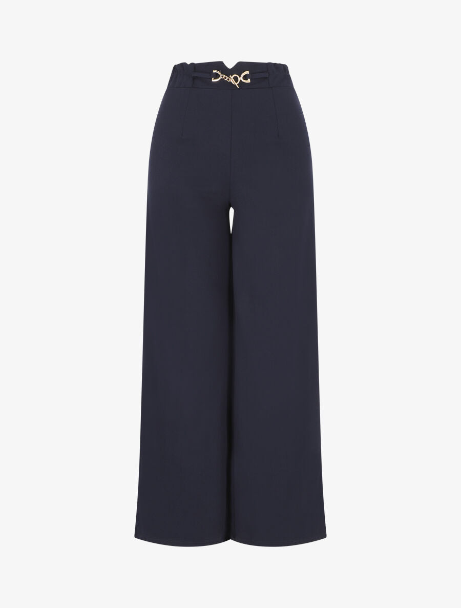 Pantalon uni à taille élastiqué - Marine - 1