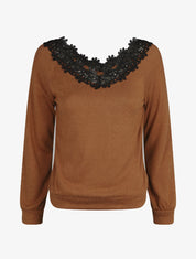 Pull fin droit col bateau en crochet - Camel - 1