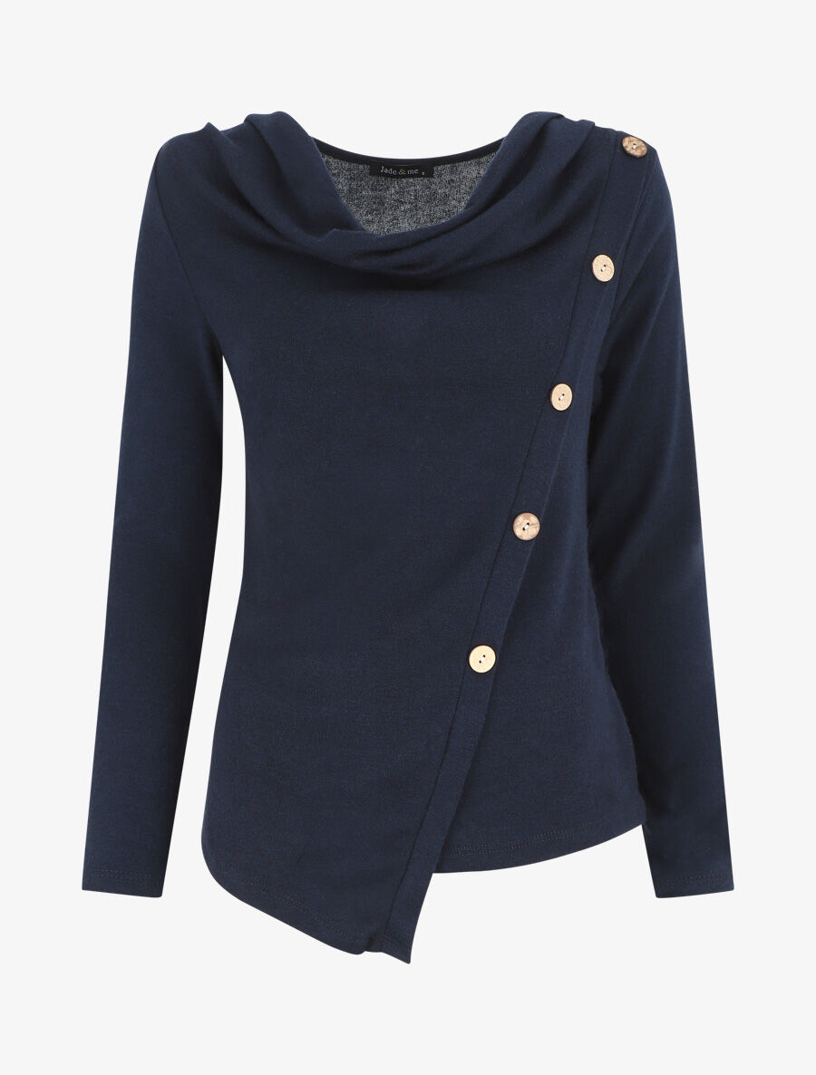Pull droit à boutons et col bénitier - Marine - 4
