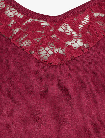 Pull droit col en dentelle et manches longues - Bordeaux - 3
