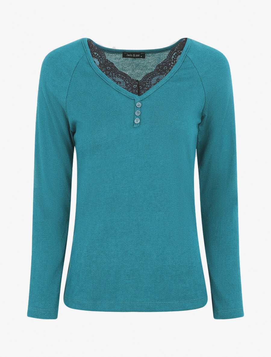 Pull droit uni col V en dentelle - Bleu canard - 1