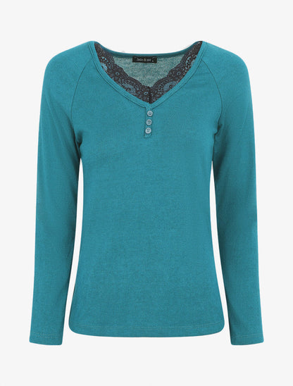 Pull droit uni col V en dentelle - Bleu canard - 1