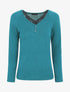 Pull droit uni col V en dentelle - Bleu canard - 1