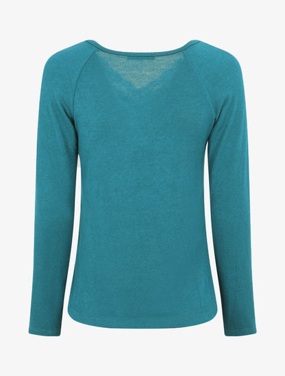 Pull droit uni col V en dentelle - Bleu canard - 2