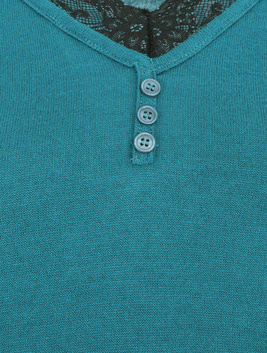 Pull droit uni col V en dentelle - Bleu canard - 3