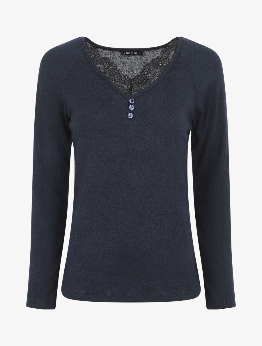 Pull droit uni col V en dentelle - Marine - 1