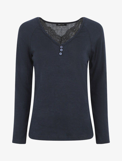 Pull droit uni col V en dentelle - Marine - 1