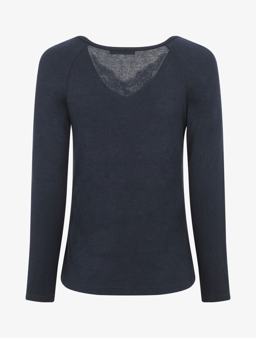 Pull droit uni col V en dentelle - Marine - 2