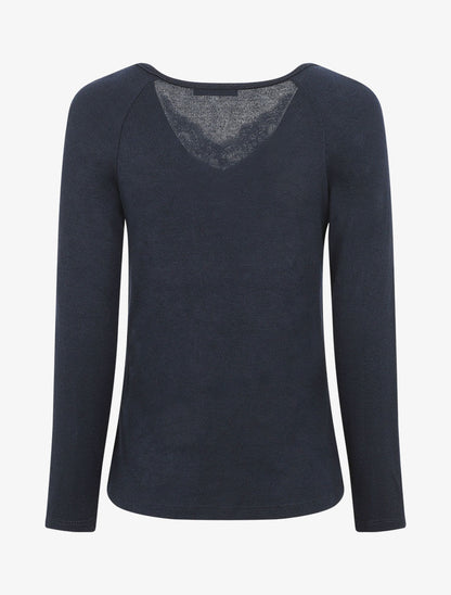 Pull droit uni col V en dentelle - Marine - 2