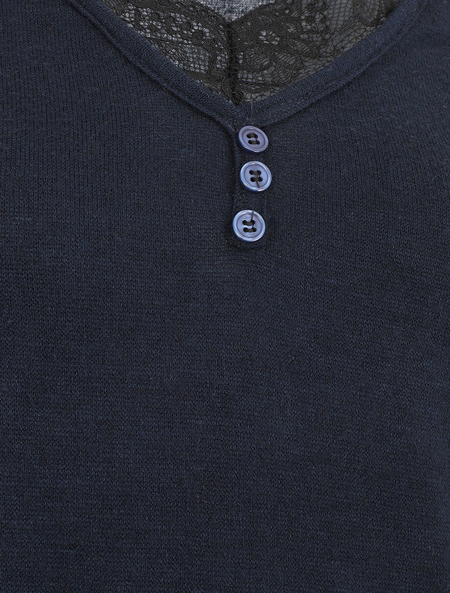 Pull droit uni col V en dentelle - Marine - 3