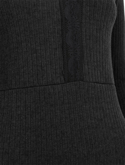 Robe pull droite col V en dentelle - Noir - 3