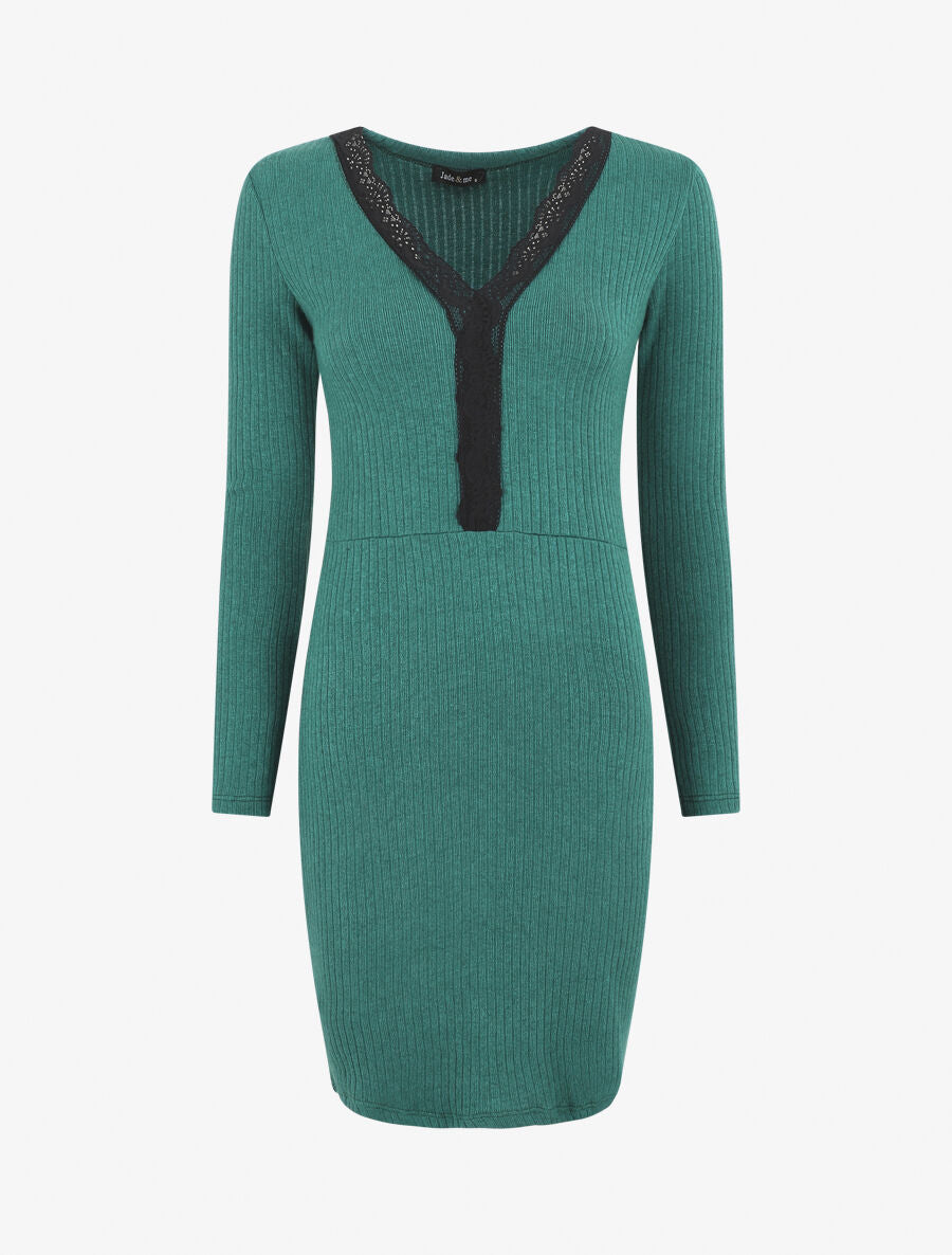 Robe pull droite col V en dentelle - Vert - 1