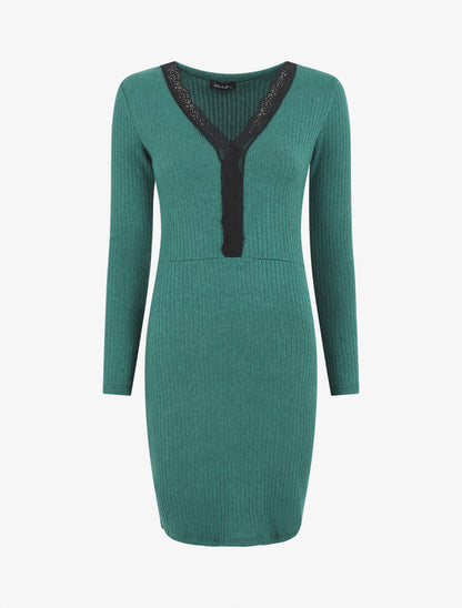 Robe pull droite col V en dentelle - Vert - 1