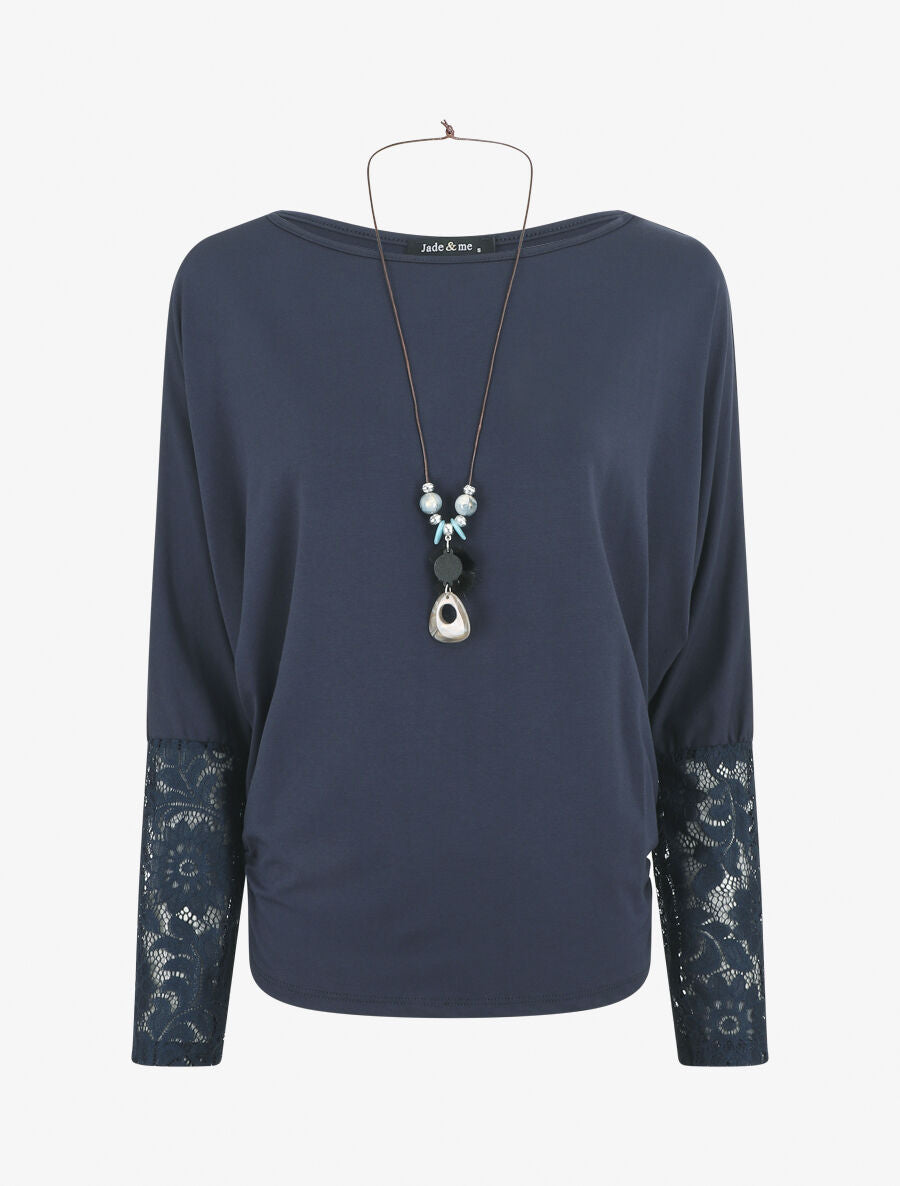 Top ample manches longues en dentelle - Marine - 6