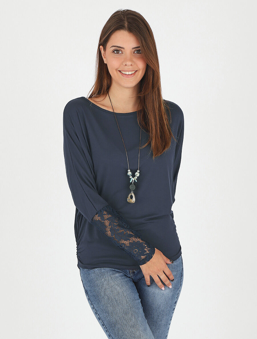 Top ample manches longues en dentelle - Marine - 4