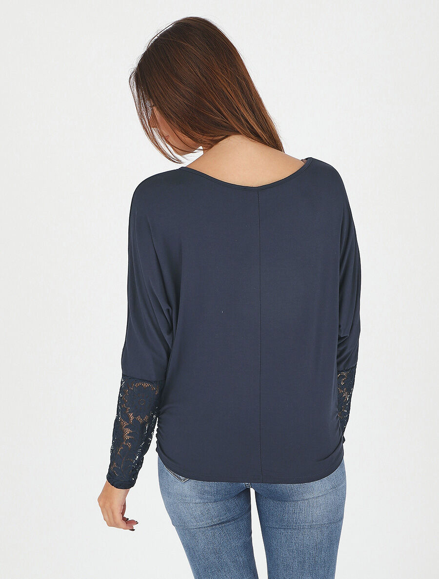 Top ample manches longues en dentelle - Marine - 5