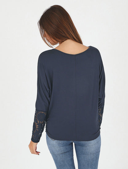 Top ample manches longues en dentelle - Marine - 5