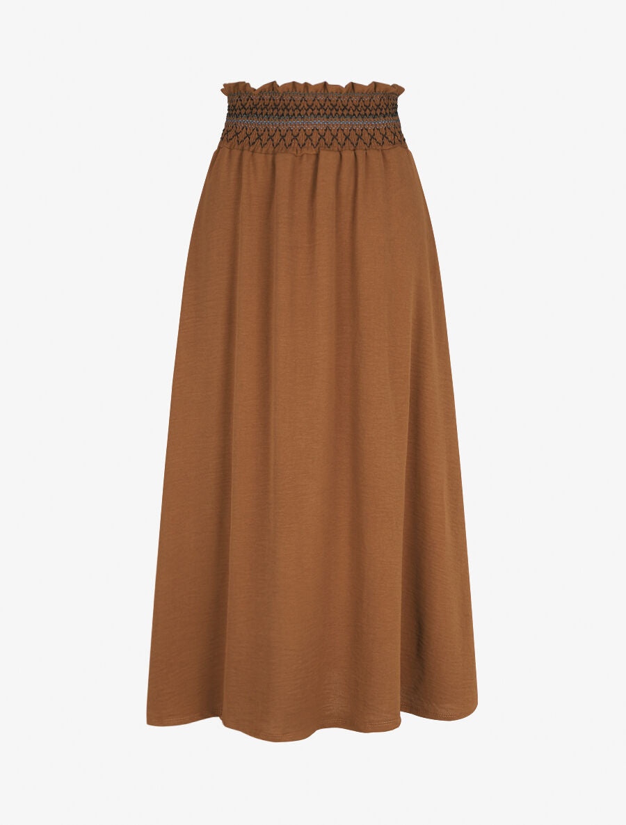 Jupe longue évasée taille haute élastiquée - Camel - 1
