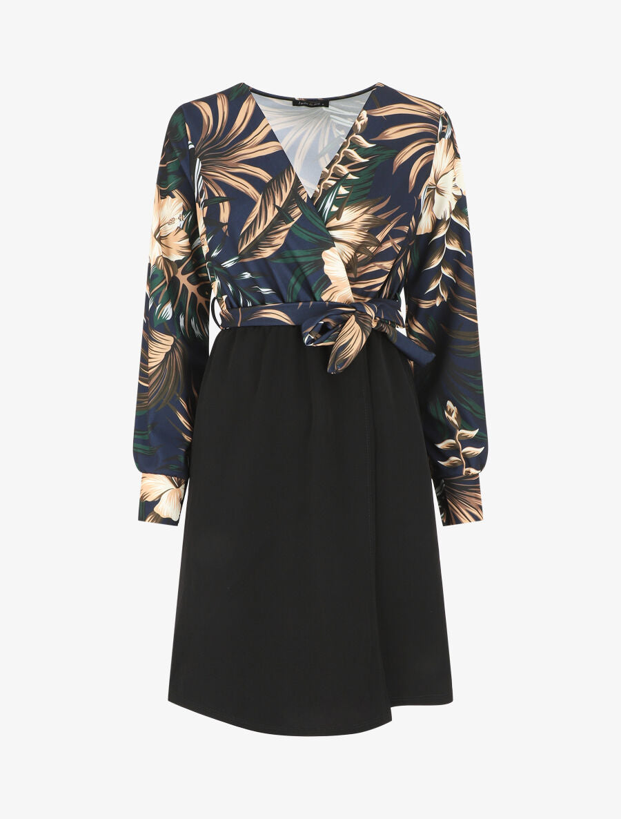 Robe bicolore imprimé fleuri - Marine - 1