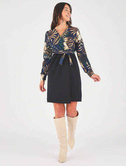 Robe bicolore imprimé fleuri - Marine - 4