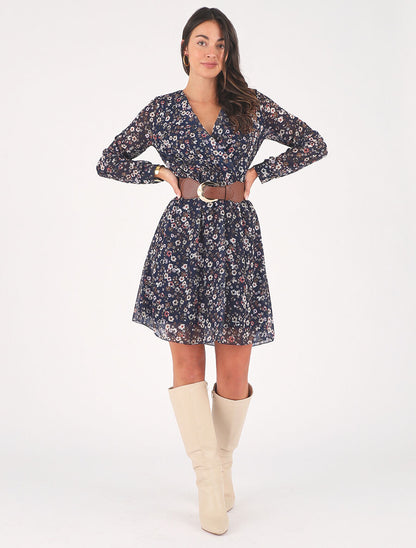 Robe élastiquée à imprimé fleuri - Marine - 1