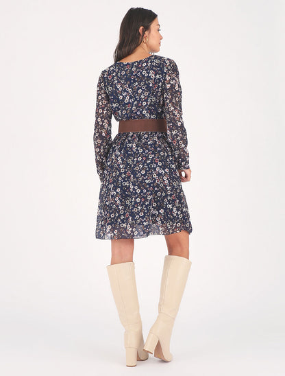 Robe élastiquée à imprimé fleuri - Marine - 2