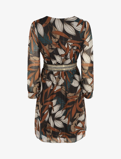 Robe imprimé feuillage à bande élastiquée dorée - Noir - 2