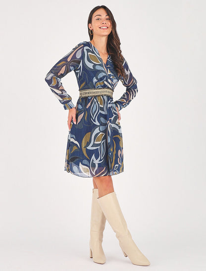 Robe imprimé feuillage stylisé à bande élastiquée dorée - Bleu - 4