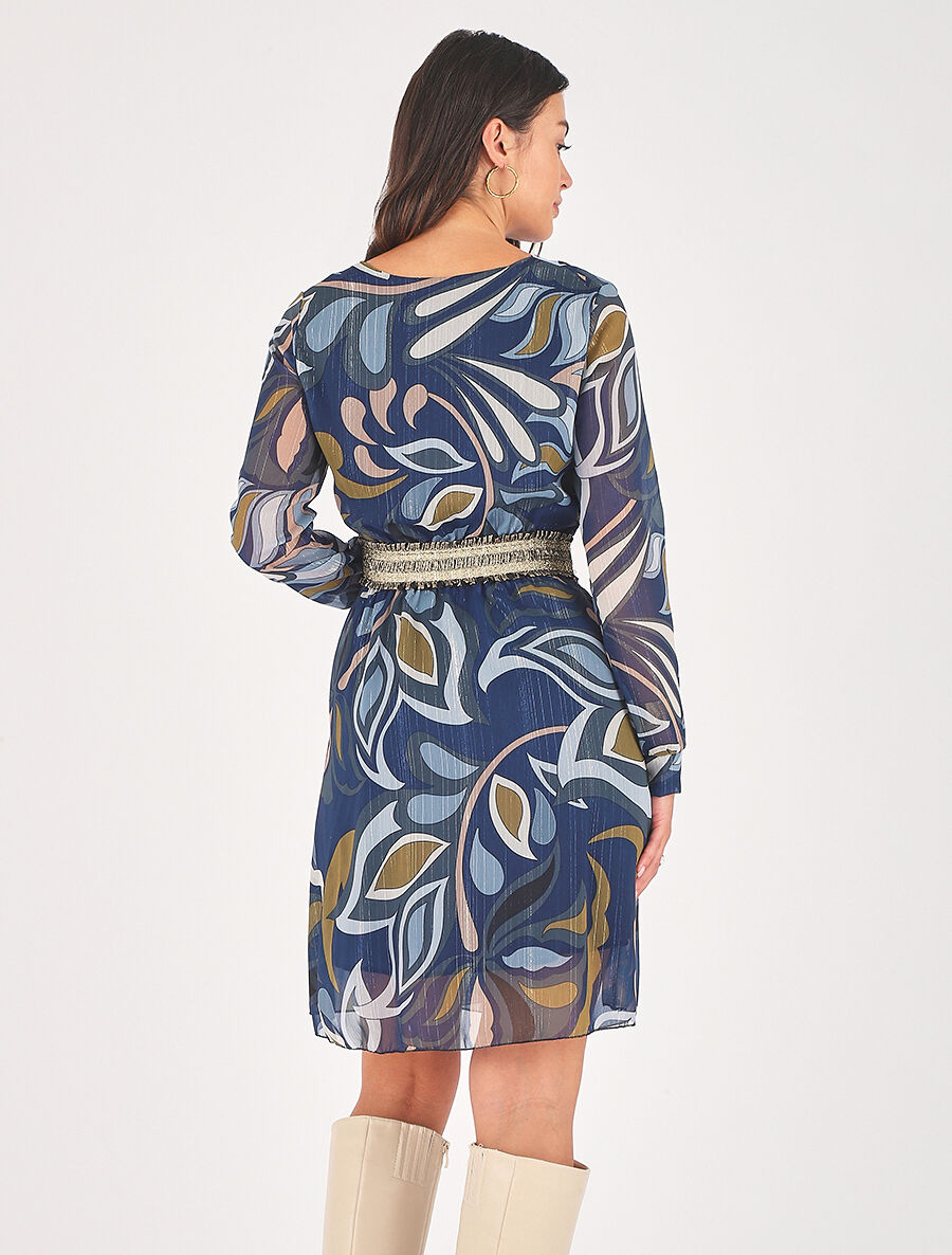 Robe imprimé feuillage stylisé à bande élastiquée dorée - Bleu - 5