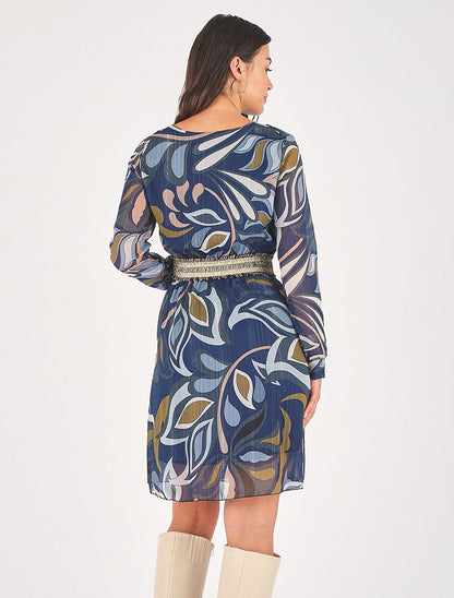 Robe imprimé feuillage stylisé à bande élastiquée dorée - Bleu - 5