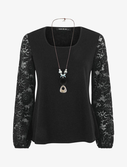Top droit manches longues dos en dentelle - Noir - 7