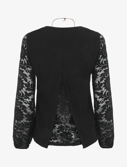 Top droit manches longues dos en dentelle - Noir - 2