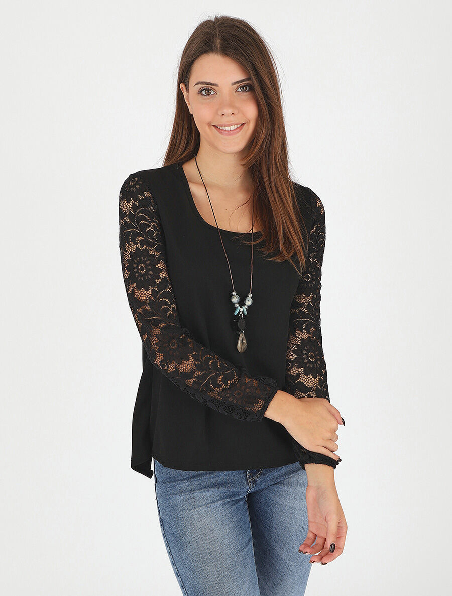 Top droit manches longues dos en dentelle - Noir - 4
