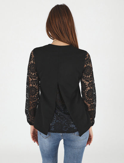 Top droit manches longues dos en dentelle - Noir - 5