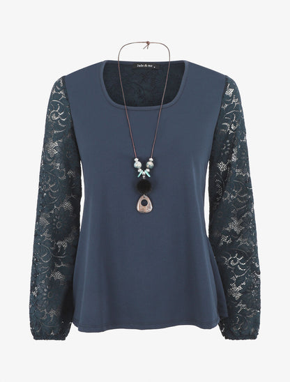 Top droit manches longues dos en dentelle - Marine - 1