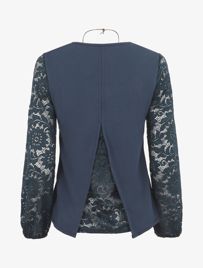 Top droit manches longues dos en dentelle - Marine - 2