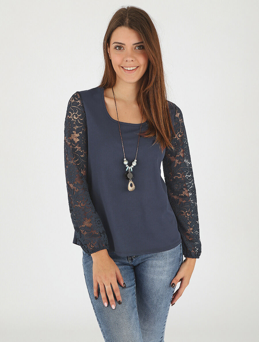 Top droit manches longues dos en dentelle - Marine - 4