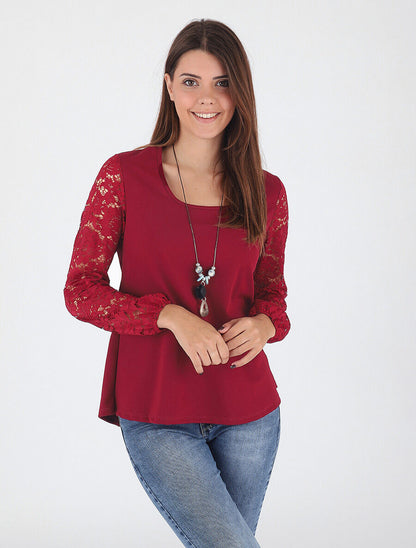 Top droit manches longues dos en dentelle - Bordeaux - 4