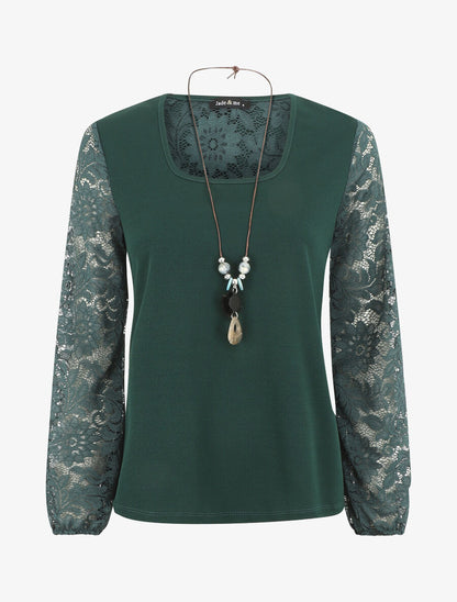 Top droit manches longues dos en dentelle - Vert foncé - 1