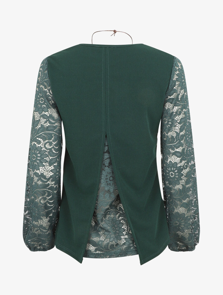 Top droit manches longues dos en dentelle - Vert foncé - 2