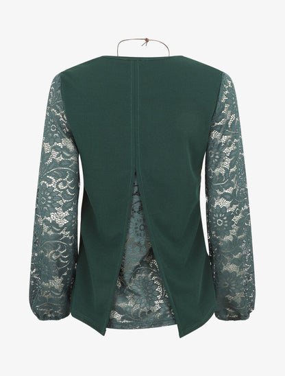 Top droit manches longues dos en dentelle - Vert foncé - 2