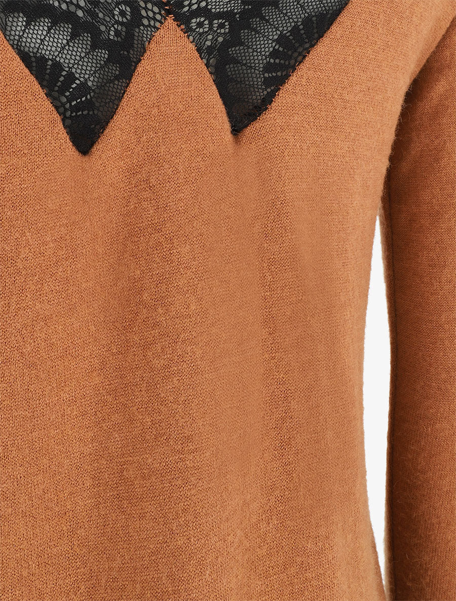 Pull droit dos en V dentelle - Camel - 3