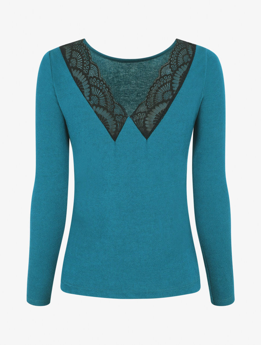 Pull droit dos en V dentelle - Bleu canard - 2