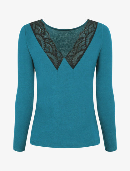 Pull droit dos en V dentelle - Bleu canard - 2